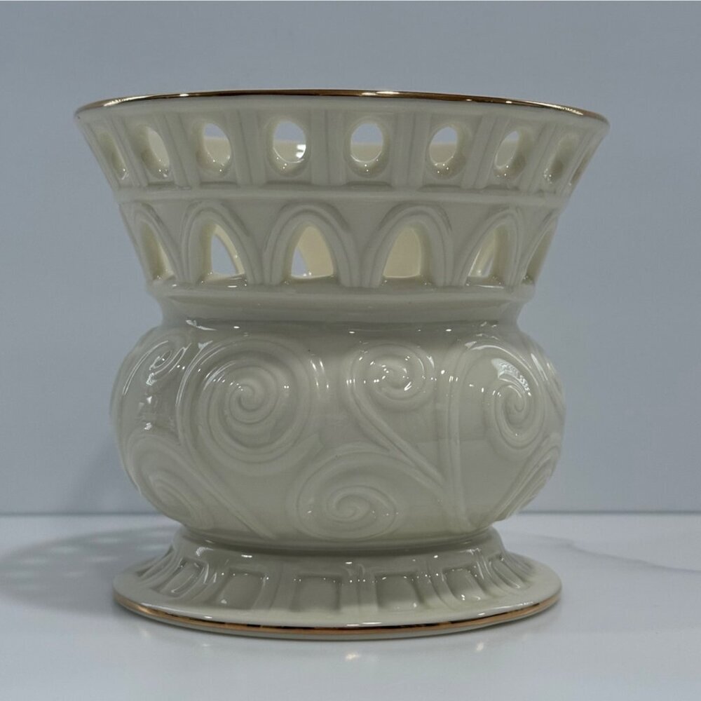 Lenox Illuminations Spiral Pillar Candle Holder Pierced Porcelain 14K Gold Trim